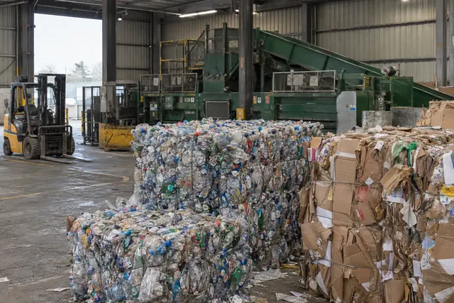 Baled plastic bottles and cardboard stacked on a warehouse floor at a recycling facility