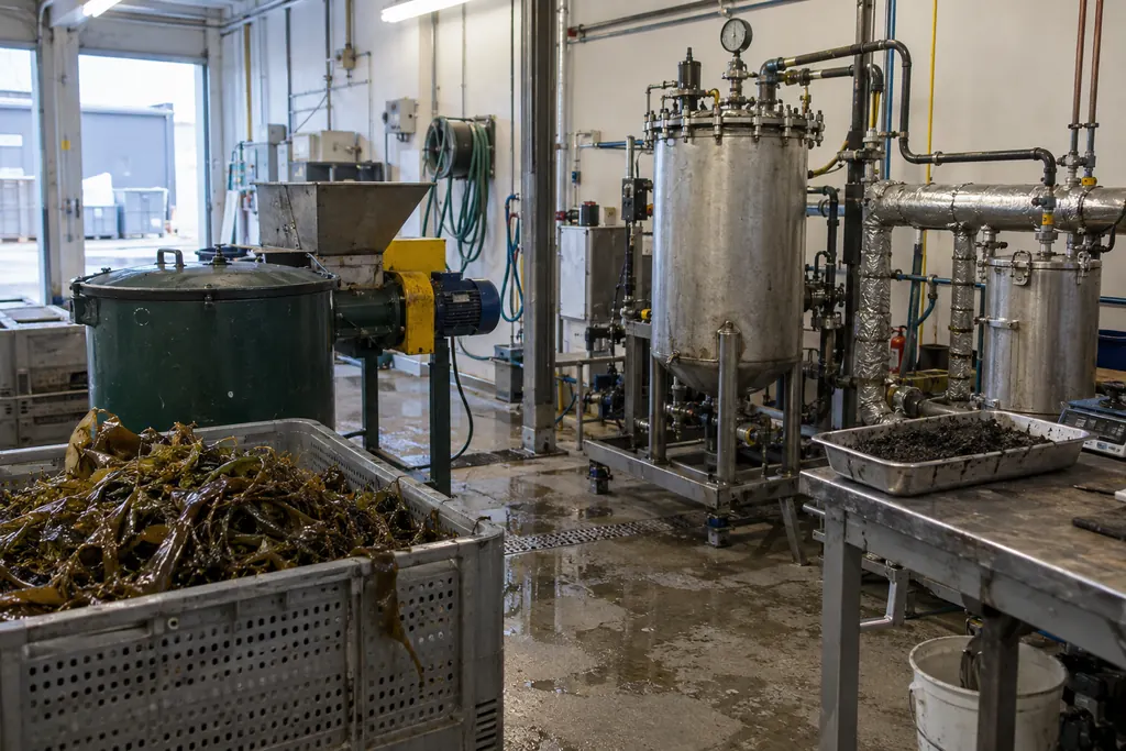 Seaweed biomass in a crate beside a pilot-scale processing unit in a laboratory